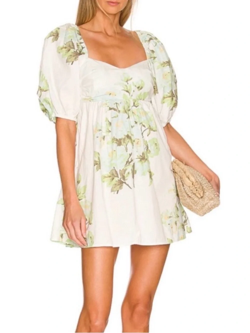 Free People Peony Babydoll Mini Dress Green Floral 100% Cotton Pockets Large